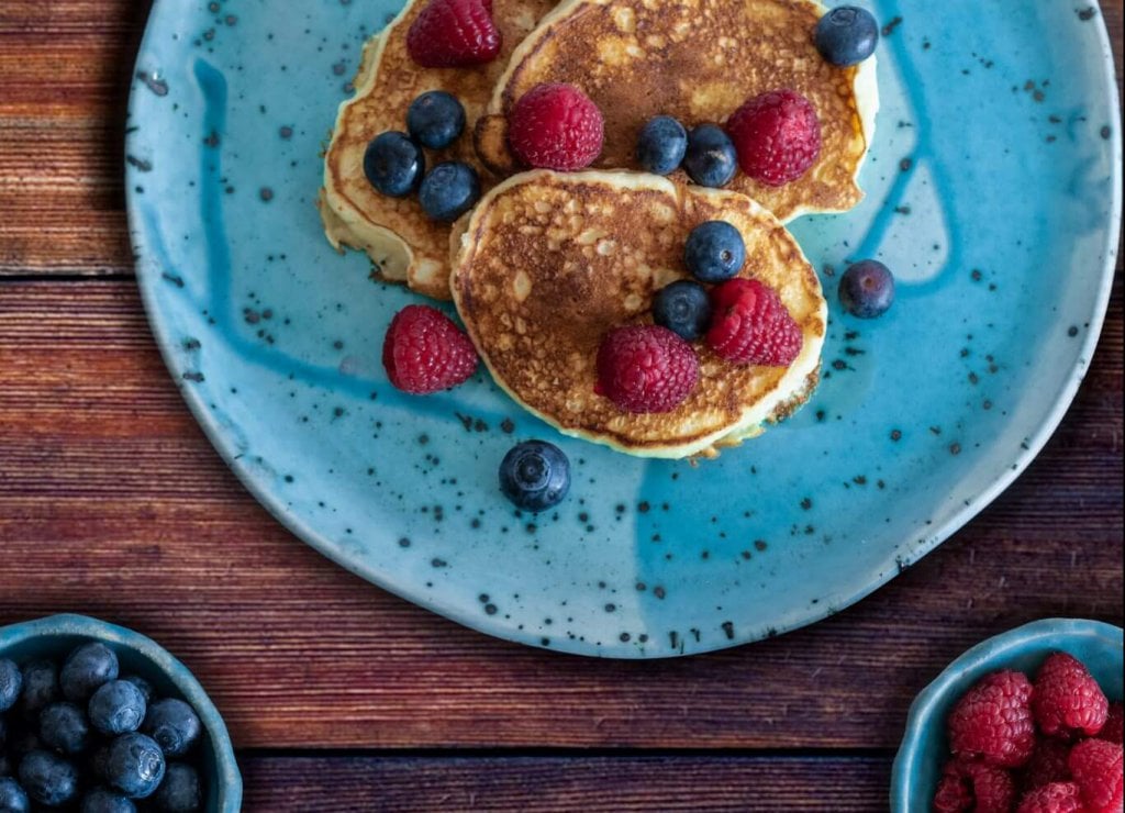 Healthy Summer Snacks Plate of Pancakes On Plate with Fresh Berries