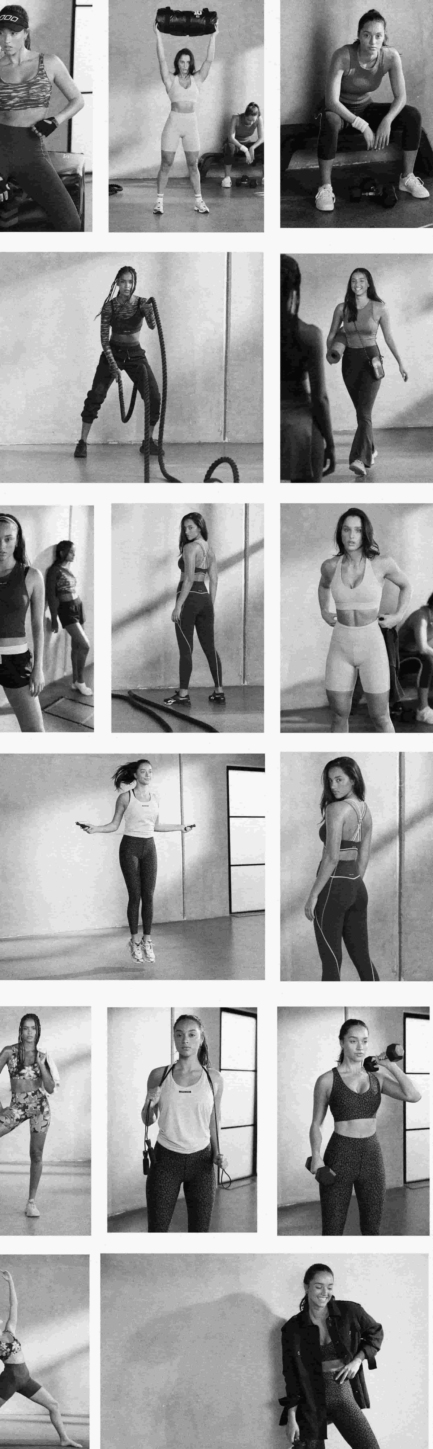 A collage of black and white images of models wearing Lorna Jane Activewear.