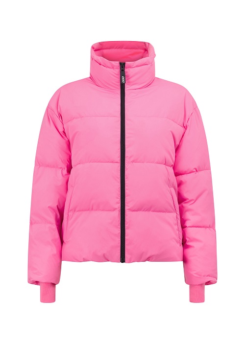 a cropped pink puffer jacket