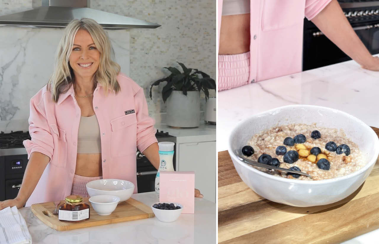 Lorna Jane Standing at Kitchen bench with prepared bowl of oats wearing matching pink shacket and shorts