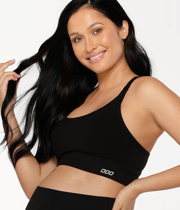 Woman wearing lorna jane nursing maternity black sports bra
