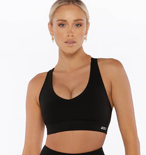 Lorna Jane Skinny Iconic Comfort Bra Black Being Performance Tested by woman doing barbell squat